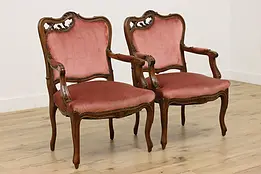 Pair of French Antique Art Nouveau Walnut & Mohair Chairs #49937