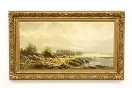 Grazing Cows by Lake Antique Original Oil Painting 63" #50281