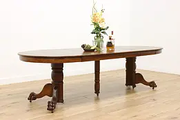 Victorian Antique Round Oak Dining Table, 4 Leaves, Paw Feet #49491