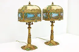 Pair of Vintage Painted & Stained Glass Boudoir Lamps #50110