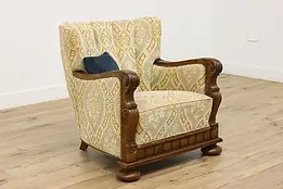 Scandinavian Vintage Oak & Upholstered Chair, Carved Leaves #49977