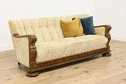 Scandinavian Vintage Oak & Upholstered Sofa, Carved Leaves #49976
