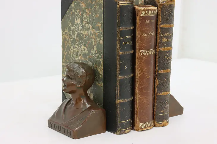 Bronze Plated Vintage Young Boy Sculpture Bookends, WB #48512