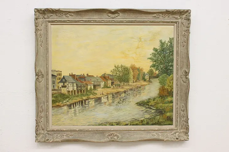 European City on Riverbank Vintage Oil Painting, Warner 45" #50194
