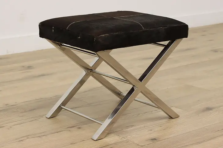Cowhide Vintage Aluminum Footstool or Small Bench #50180