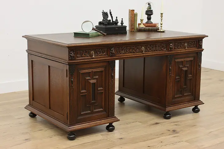 Renaissance Design Antique Carved Oak Leather Top Desk Lions #49928