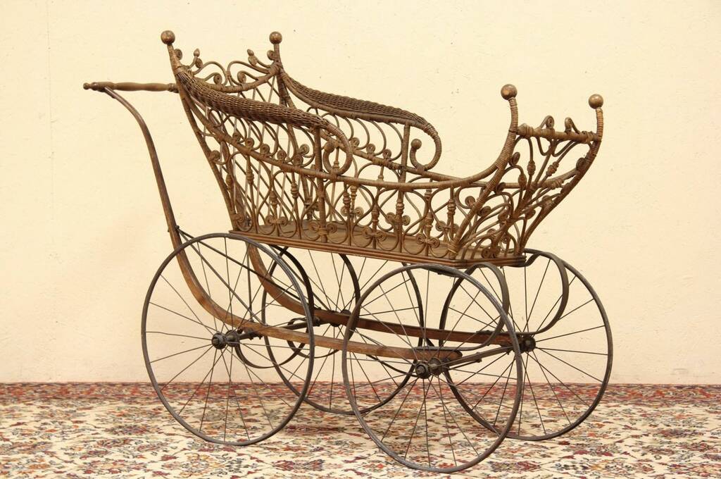 SOLD - Victorian 1890 Antique Wicker Baby Buggy or Carriage - Harp