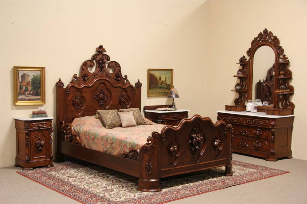 SOLD - Victorian Carved Oak &amp; Chestnut 1860 Queen Size 4 Pc. Bedroom