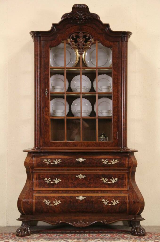 SOLD - Dutch Baroque 1940&#039;s Vintage Bombe Carved China or Curio Cabinet
