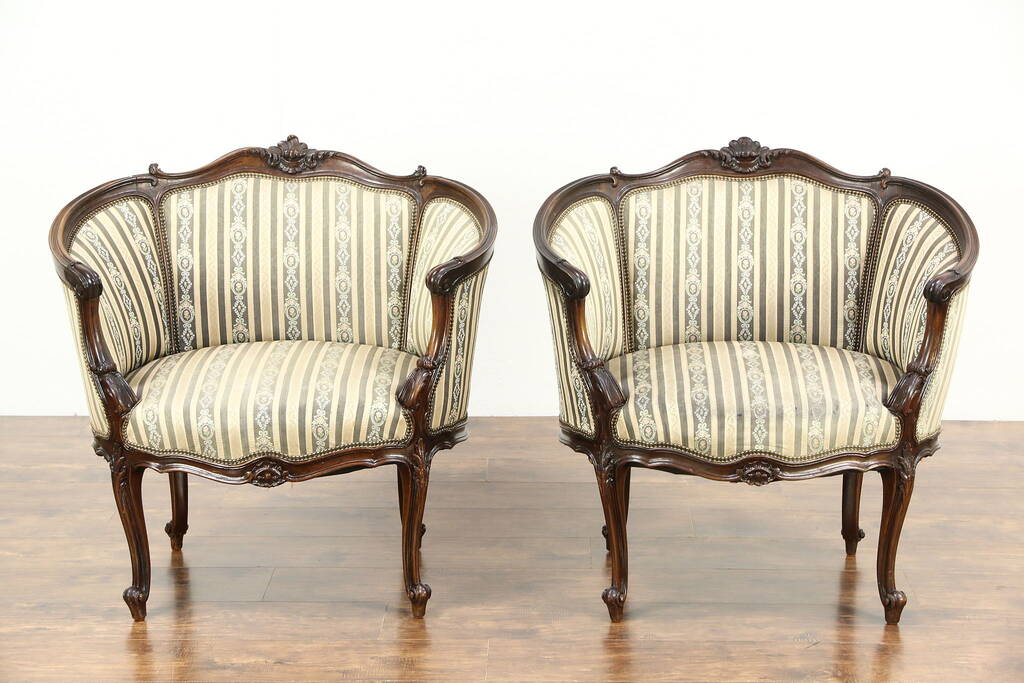 SOLD - Pair of French Louis XIV Hand Carved Walnut 1920 Antique Salon
