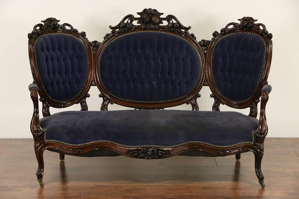 SOLD - Victorian Hand Carved Rosewood 1860&#039;s Antique Sofa, Old Velvet
