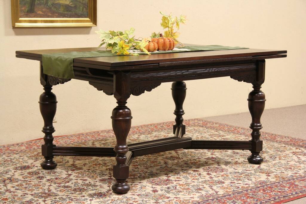 SOLD Tudor 1920 Oak Library or Dining Table, Draw Leaves Harp
