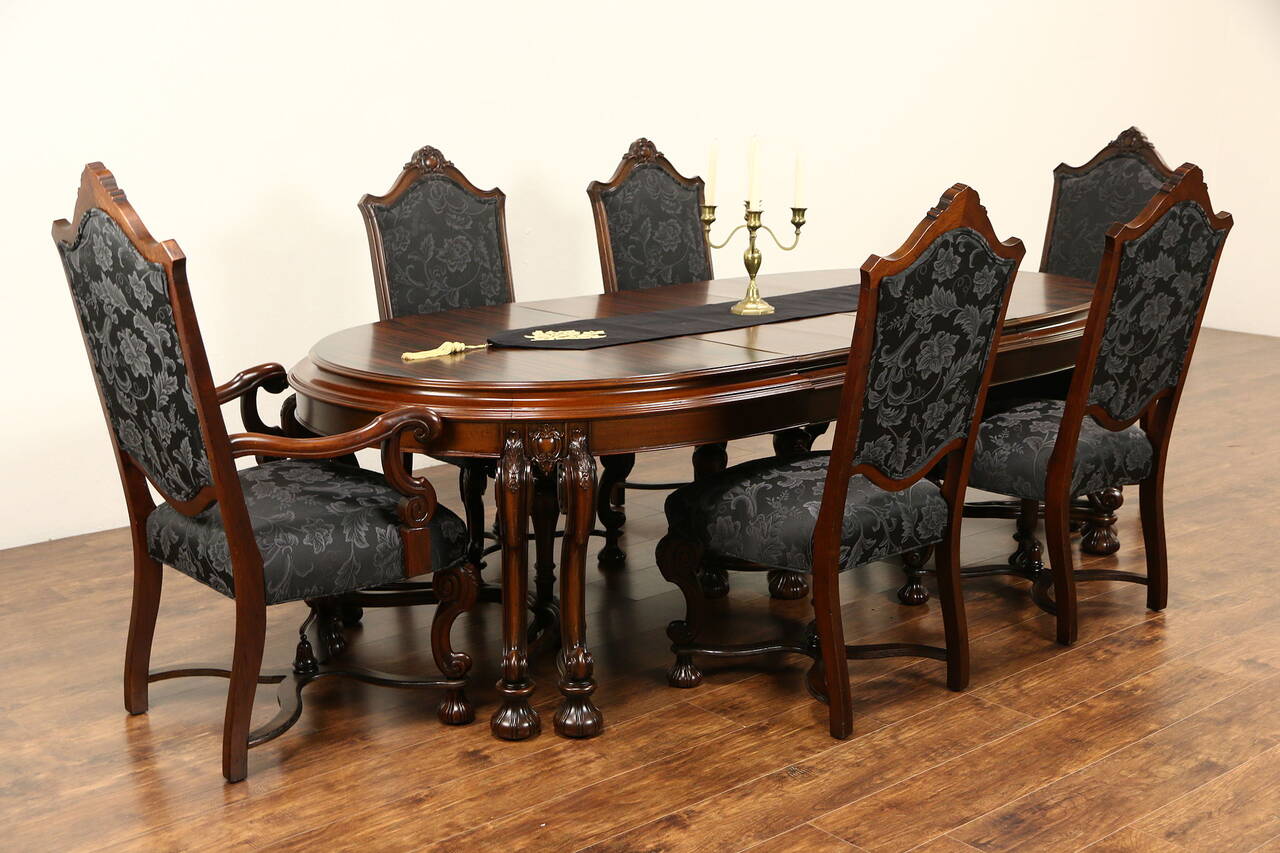 Renaissance 1925 Antique Dining Set, Table & 3 Leaves, 6 Chairs New