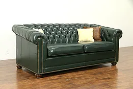 Chesterfield Green Tufted Leather Vintage Couch, Nailhead Trim #32986