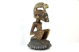 African Carved Antique Wooden Sculpture, Seated Man Statue Shells & Beads #37208