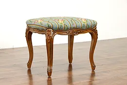 Country French Antique Carved Fruitwood Bench or Stool, Needlepoint #38730