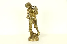 Wine Grape Harvest Sculpture, Vintage Cast Brass Statue of a Young Man #30830