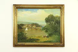 Lake & Sailboat Original Antique Oil Painting, Signed Richard Wilson  #33005