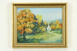 Country Church in Fall Vintage Original Oil Painting 11 1/2" T Wustefeld #33801