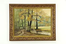 Forest Stream in Autumn Vintage Original Oil Painting, 37" Signed #34881