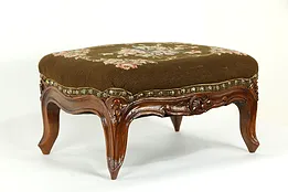 French Antique Carved Walnut Footstool, Needlepoint Upholstery #35313