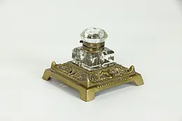 Victorian Antique Brass and Cut Glass Covered Inkwell #38069