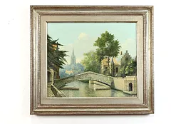 Amsterdam Canal Dutch Scene Original Vintage Oil Painting 32.5" #38437