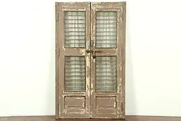 India Antique Architectural Salvage Pair 22" Brown Doors Iron Bars Wine Cellar
