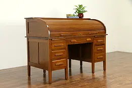 Solid Oak 1910 Antique C Shape 5' Rolltop Desk, Pull Out Shelves #32642