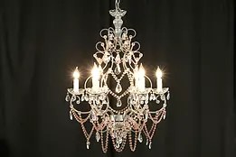 Wrought Iron Chandelier with 6 Candles, Rose Swags & Clear Prisms #32767