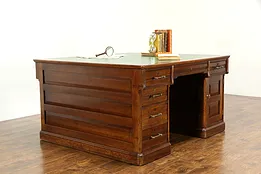 Victorian Cherry Antique Partner Library Desk, Raised Panels, Leather Top #34689