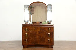 Art Deco Waterfall 1935 Vintage Dresser, Triple Mirror, Bakelite, Albert #35878