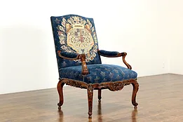 French Design Vintage Chair, Heraldic Crest Upholstery, Erica Brunson LA #36563
