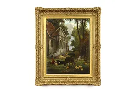 Anton Braith Original Oil Painting, German Farmhouse, Donkeys, Fowl, 30" #37885