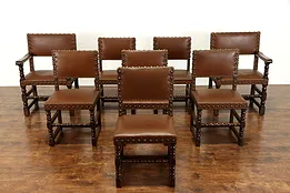 Set of 8 Tudor Vintage Oak & Leather Dining Chairs With Nailhead Trim #38707