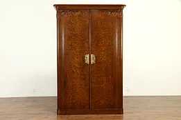 French Art Deco Antique Carved Oak & Ash Burl Armoire or Wardrobe #32929