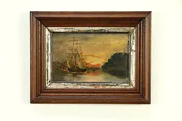 Sailing Ship At Sunset, Antique 1860 Original Oil Painting, Walnut Frame #32938