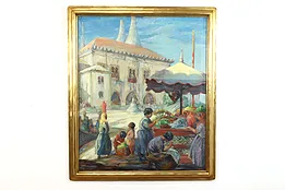 Palace & Portuguese Market Scene Antique Oil Painting, Williams 40" #39837
