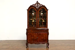 French Style Vintage Carved Walnut Marquetry China Curio Display Cabinet #40374