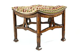 Arts & Crafts Antique Burnt Carved Stool or Bench, Needlepoint #40364