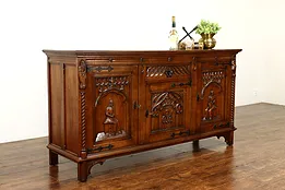 Gothic Oak Antique Sideboard, Buffet, Bar or TV Console, Carved Knights #40222