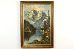 Snowy Mountains & Lake Alps Landscape Vintage Original Oil Painting 41" #40912