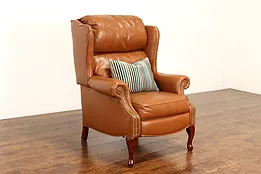 Traditional Vintage Leather Wing Chair Recliner Brass Nailheads, Lane #41853