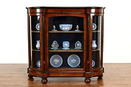 English Victorian Antique Walnut Burl Curved Glass Curio Display Cabinet #39563
