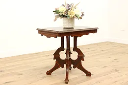 Victorian Eastlake Antique Marble Top Carved Walnut Parlor or Hall Table #42316