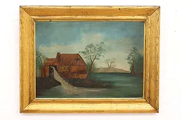 Mill with Wheel & Stream Antique Oil Painting, Gilt Oak Frame 31" #40686
