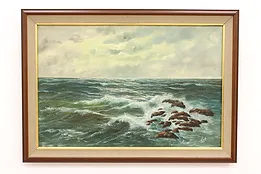 Ocean Waves Crashing Onto Rocks Vintage Original Oil Painting, Berk 41.5" #42137