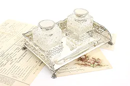 English Antique Victorian Sterling Silver Double Inkwell with Towle Pen #42384