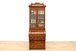 Victorian Eastlake Antique Walnut Roll Top Secretary Desk & Bookcase #42660