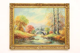 Autumn Forest & Stone Bridge Vintage Original Oil Painting Melville 44.5" #43069
